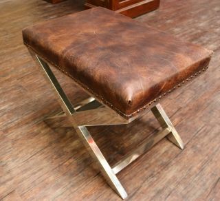 Contemporary Modern Steel Criss Cross Footstool Ottoman Vintage Brown Leather
