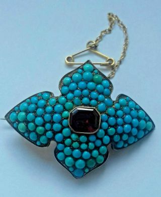 Late Victorian,  Pave Set Turquoise & Cabachon Garnet Brooch