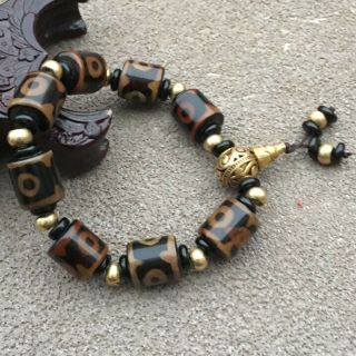 Rare Tibetan Natural Old Agate 3 Eyed Dzi Amulet Bracelet Hand String X19