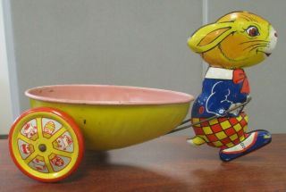 Vintage J.  Chein Tin Litho Rabbit Pulling Egg Cart Wagon Toy 7 - 3/4 " Usa Easter