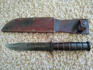 Vtg Usmc Kabar Knife Marked Camillus N.  Y.  W/ Leather Sheath Wwii Era
