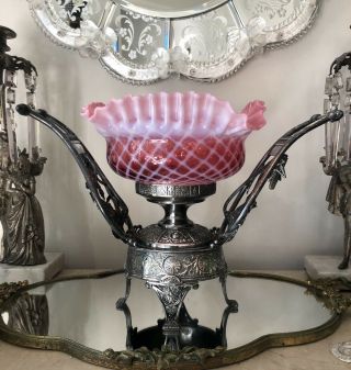 Antique Meriden Silverplate Aesthetic Brides Basket Stand Bug Pink Quilted Glass