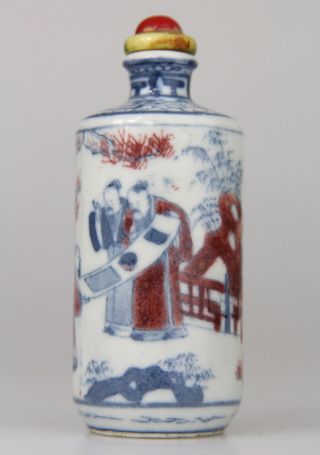 Antique Chinese Blue White Red Porcelain Figure Snuff Bottle 18th 19th C.  Qing