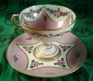 Antique Pink And Gold Hand Painted Demi - Tasse Cup & Saucer,  Limoges ; France