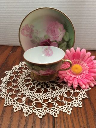 Serves Cup Saucer.  Roses,  French Demitasse Hand Painted.  Signed By Artist