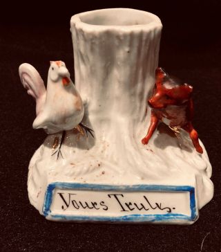 Vintage Porcelain Fox And Rooster,  Chicken Figural Match Holder With Stricker