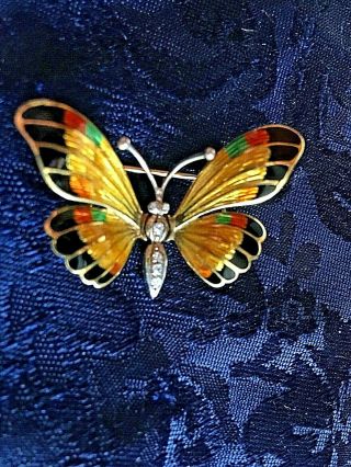 Estate 18 K (. 750) Gold Enameled Butterfly Brooch W/ Diamonds