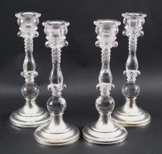 Set Of 4 Antique Hallmarked Sterling Silver & Elegant Glass Candlesticks