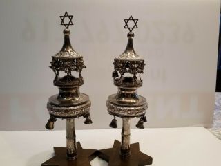 Judaica Pair Early English Sterling Silver Torah Finials Manchester Hebrew Con