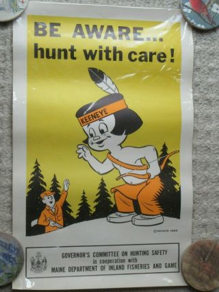 Rare Vintage Maine Inland Fisheries & Game Poster Indian Warden Hunting Wildlife