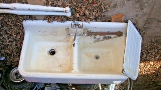 Antique Cast Iron Porcelain Farmhouse Sink,  Faucet And Drain Board Overlay 1935