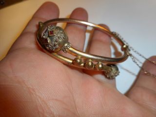 Victorian Gold Filled Brutalist Bangle Bracelet Ruby Stones 100 Yrs Old