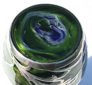 Rare Loetz Titania Silver Overlay Art Glass Vase with Cobalt Blue,  Green,  Silver 10