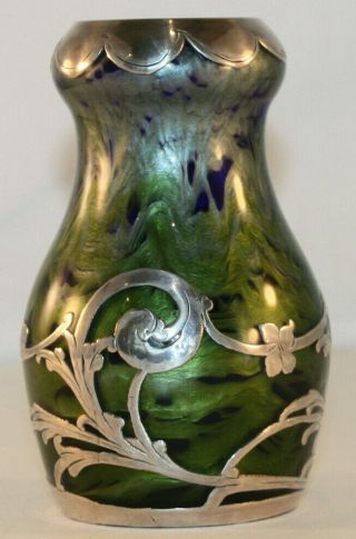 Rare Loetz Titania Silver Overlay Art Glass Vase With Cobalt Blue,  Green,  Silver