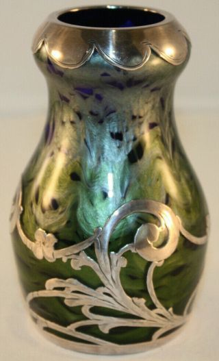 Rare Loetz Titania Silver Overlay Art Glass Vase with Cobalt Blue,  Green,  Silver 2