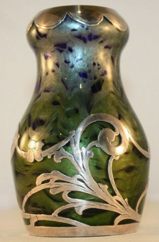Rare Loetz Titania Silver Overlay Art Glass Vase with Cobalt Blue,  Green,  Silver 3