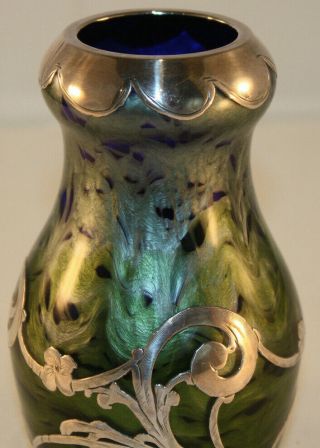 Rare Loetz Titania Silver Overlay Art Glass Vase with Cobalt Blue,  Green,  Silver 4