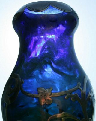 Rare Loetz Titania Silver Overlay Art Glass Vase with Cobalt Blue,  Green,  Silver 6