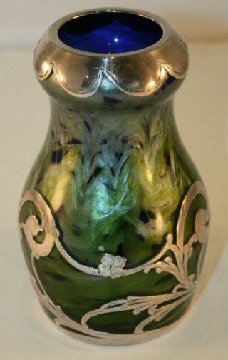 Rare Loetz Titania Silver Overlay Art Glass Vase with Cobalt Blue,  Green,  Silver 7