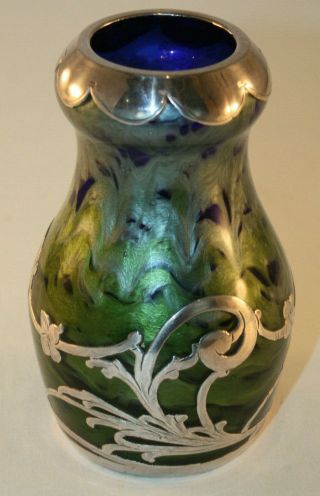 Rare Loetz Titania Silver Overlay Art Glass Vase with Cobalt Blue,  Green,  Silver 8