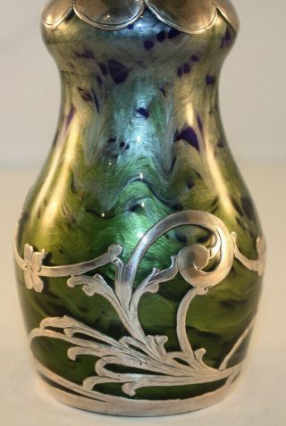 Rare Loetz Titania Silver Overlay Art Glass Vase with Cobalt Blue,  Green,  Silver 9