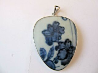 Antique Chinese Ming Blue White Porcelain Chard Sterling Silver Frame Pendant