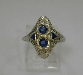 Fine Art Deco 18k White Gold Blue Sapphire Filigree Ring Size 7 Vintage Estate