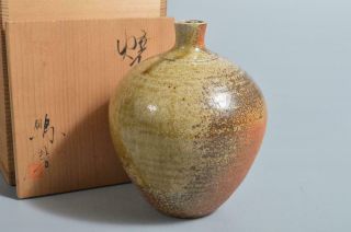 T4775: Japanese Shigaraki - Ware Youhen Pattern Flower Vase Ikebana W/signed Box
