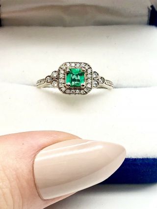 Vintage 14k White Gold.  45 Ct Colombian Emerald And Diamonds Ring 5