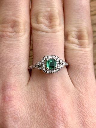 Vintage 14k White Gold.  45 Ct Colombian Emerald And Diamonds Ring 9