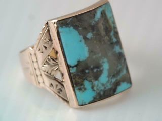 Antique Victorian Large Mens 10k Rose Gold & Turquoise Ring Sz 10 1/2