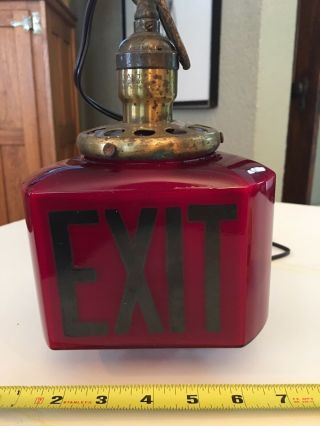 Vintage Antique Ruby Red 3 sided Exit Sign Light Globe Art Deco Glass 2