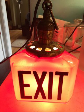 Vintage Antique Ruby Red 3 sided Exit Sign Light Globe Art Deco Glass 3