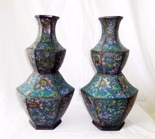 19c Pair Chinese Champleve Hexagonal Vases W.  Floral Motifs & Seal On Base (pal)