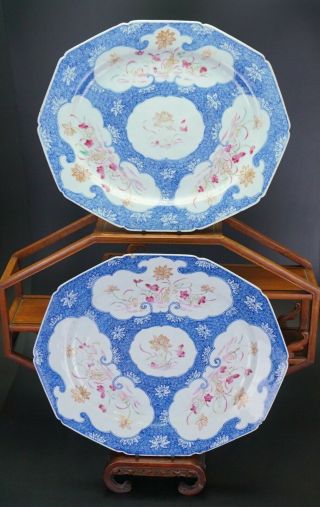 Rare Large Pair Chinese Porcelain Blue And White Famille Rose Plate 18th C