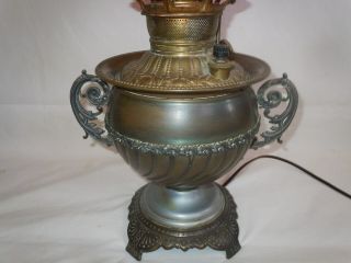 Vtg 1890 ' s E.  Miller Trophy Handle Banquet/GWTW Oil Lamp w/ H - P Roses Ball Shade 2