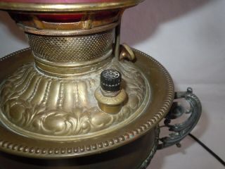 Vtg 1890 ' s E.  Miller Trophy Handle Banquet/GWTW Oil Lamp w/ H - P Roses Ball Shade 3