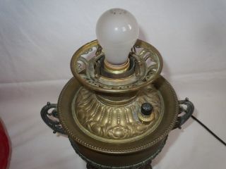 Vtg 1890 ' s E.  Miller Trophy Handle Banquet/GWTW Oil Lamp w/ H - P Roses Ball Shade 4