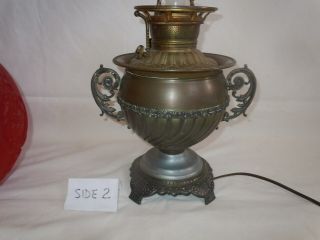 Vtg 1890 ' s E.  Miller Trophy Handle Banquet/GWTW Oil Lamp w/ H - P Roses Ball Shade 5