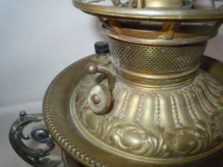 Vtg 1890 ' s E.  Miller Trophy Handle Banquet/GWTW Oil Lamp w/ H - P Roses Ball Shade 7