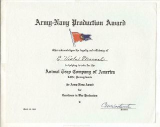 Army Navy E Award Program Animal Trap Lititz Pennsylvania 1943 Certificate