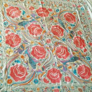 ANTIQUE CHINESE PIANO SHAWL ASIAN EMBROIDERED FLORAL PHOENIX BEDSPREAD COVER 4