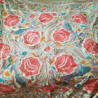 ANTIQUE CHINESE PIANO SHAWL ASIAN EMBROIDERED FLORAL PHOENIX BEDSPREAD COVER 5