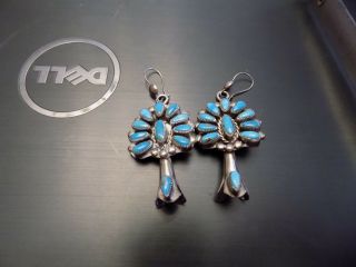 Vtg Sterling Silver Native Large Cluster Stones Squash Blossom Hook Earrings