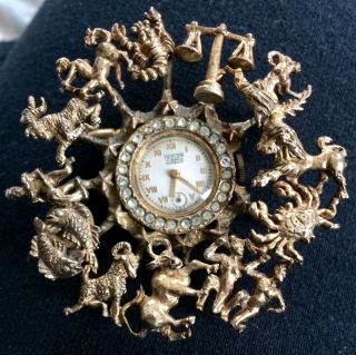 Rare Vintage Huge Zodiac Watch Incabloc Pin Gilt Taylor Sterling Astrology Libra