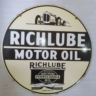 Richlube Motor Oil 2 Sided 30 Inches Round Vintage Enamel Sign