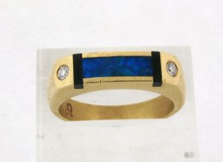 Vintage Designer Black Opal Onyx Diamond 14k Yellow Gold Mens Ring