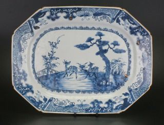 Large 35cm Chinese Blue And White Porcelain Meat Plate Deers & Pine Tree 18th C