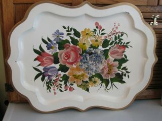 Vintage Large 26 X 19,  Metal Tole Tray Hand Painted Floral Flowers
