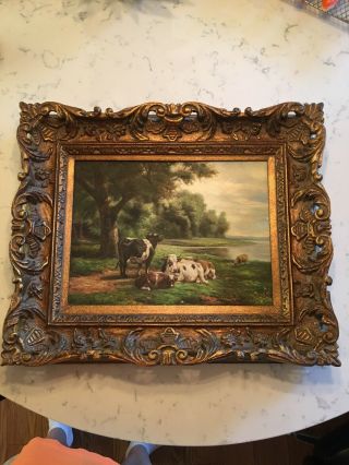 Exquisite Signed W.  Coter 12 X 16 Oil Painting Of Cows In Vintage 20 X 24 Frame